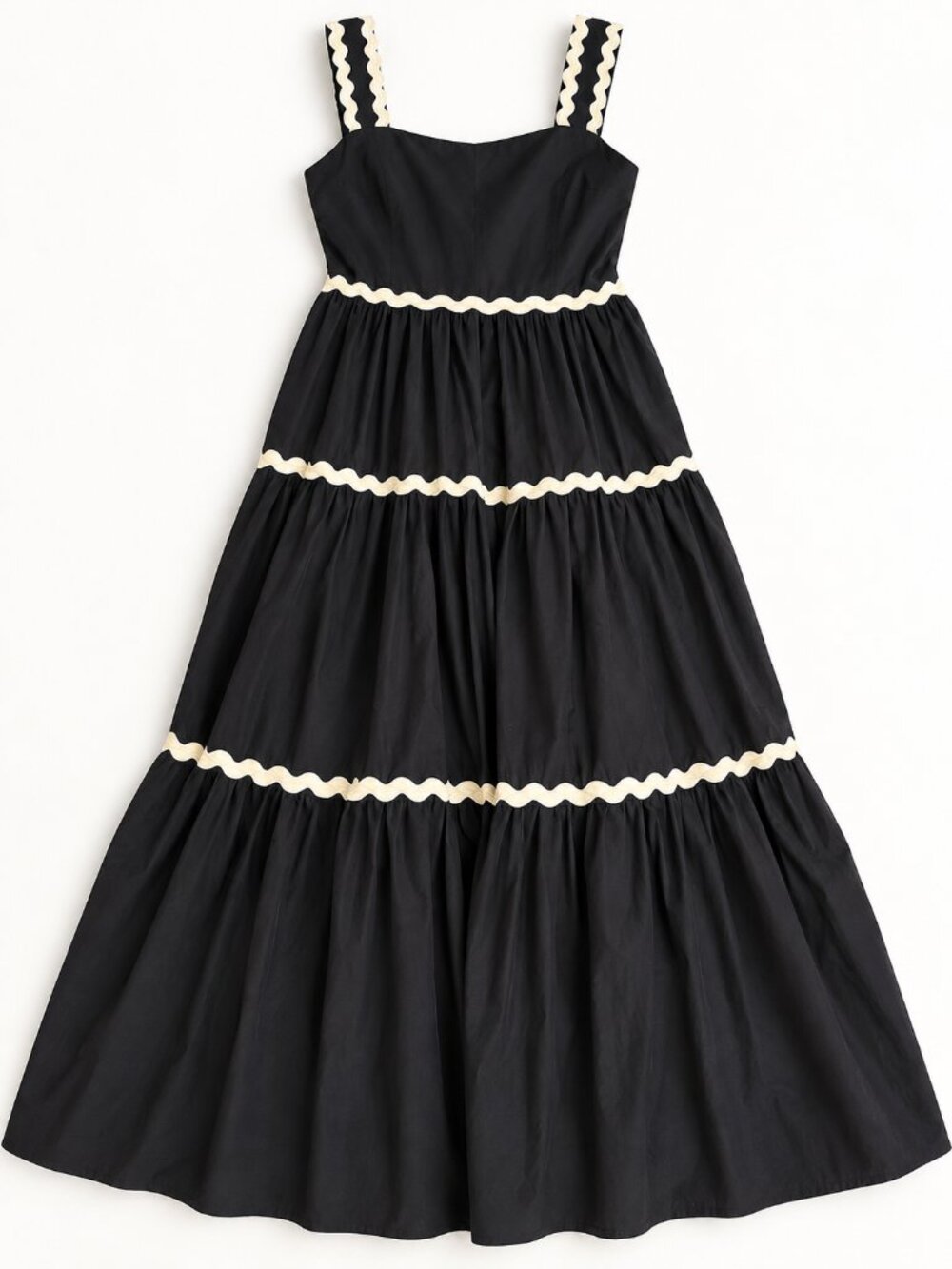 Entro Black Tiered Maxi Dress Size Small | Cream Ric Rac Trim